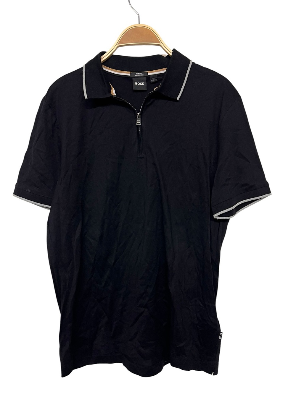 New Mens BOSS Half Zip Linen Black Short-Sleeve Polo Shirt Medium